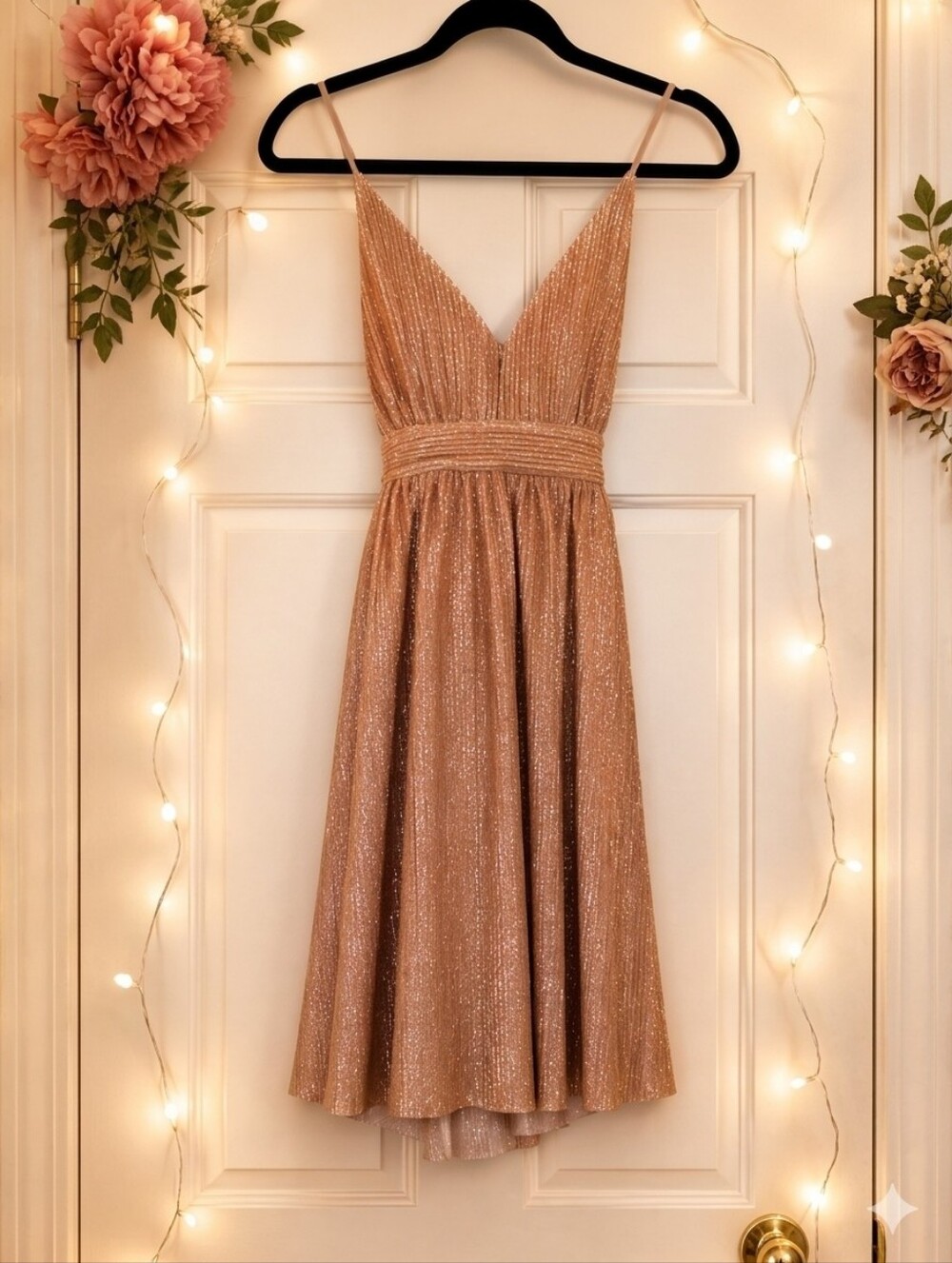 Trixxi Rose Gold Metallic Plisse Skater Dress V-Neck Glitter Shimmer Size 7/9